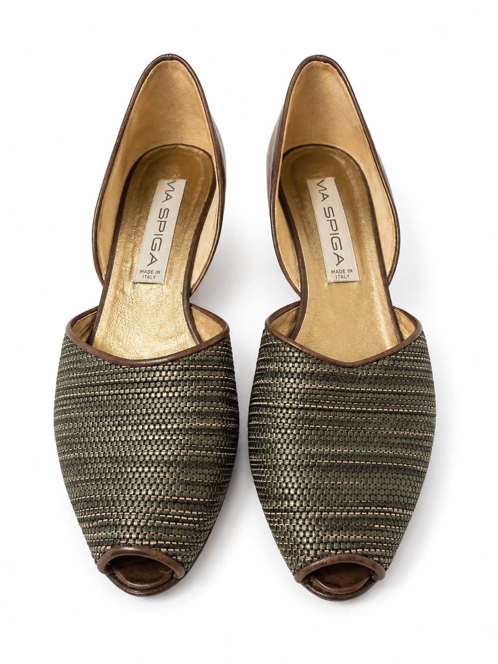 Via Spiga Olive Green Woven Peep-Toe Flats with Brown Trim